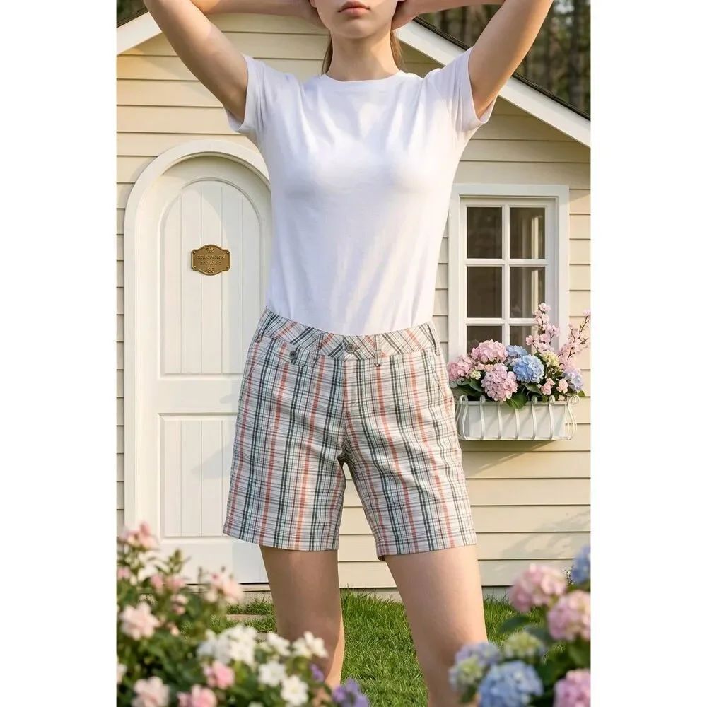 ☔️💜Anchor Blue Khaki & Olive Plaid Bermuda Shorts Size 7